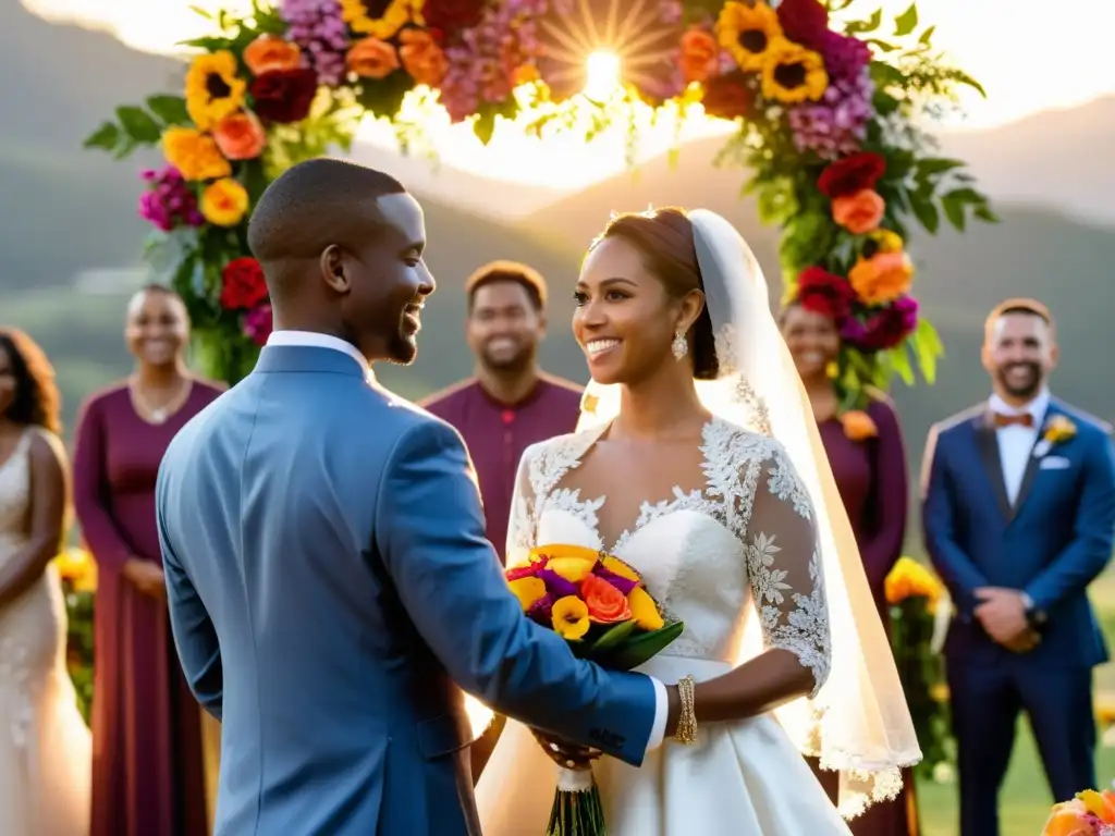 Una emotiva ceremonia de bodas latinoamericanas, con una pareja de novios intercambiando votos en el altar, rodeados de seres queridos bajo el cálido resplandor dorado del atardecer