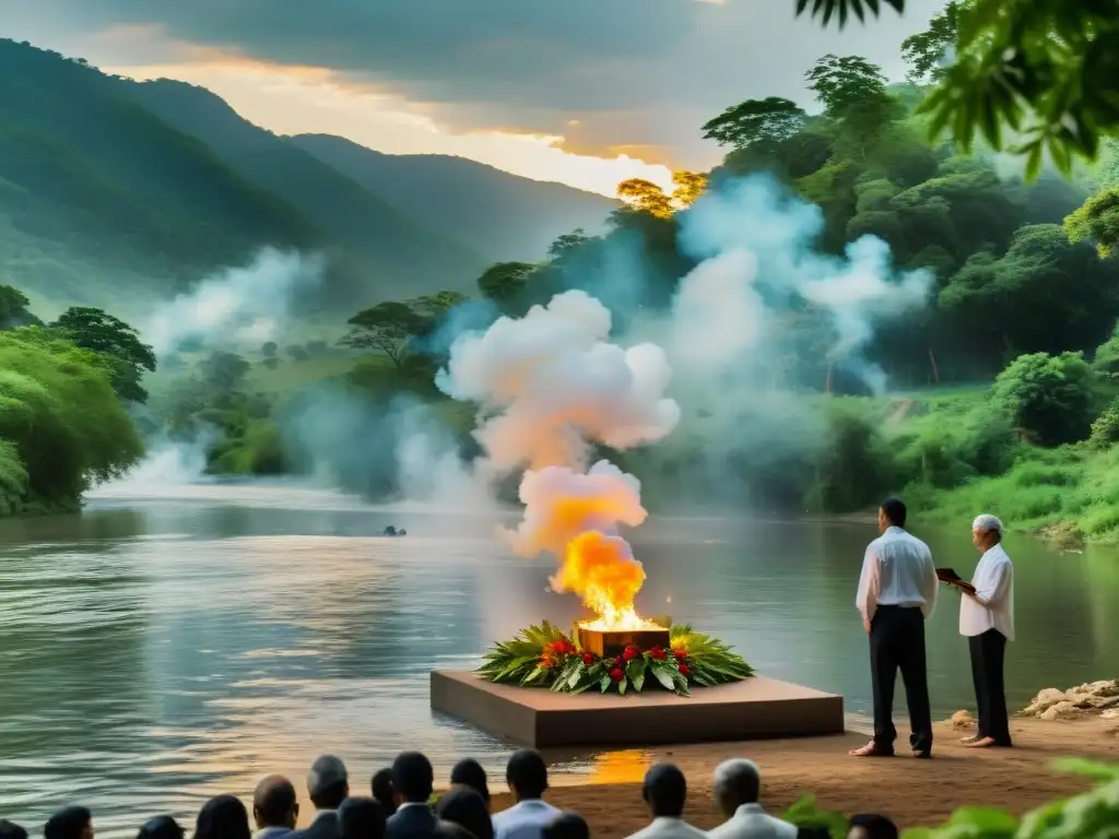 Una emotiva ceremonia de cremación con simbolismos de liberación, rodeada de naturaleza serena