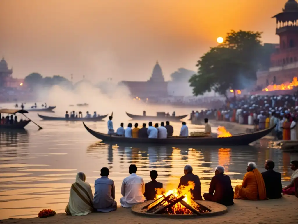 Una emotiva ceremonia funeraria a orillas del Ganges, con reflejos en el agua, humo y llamas