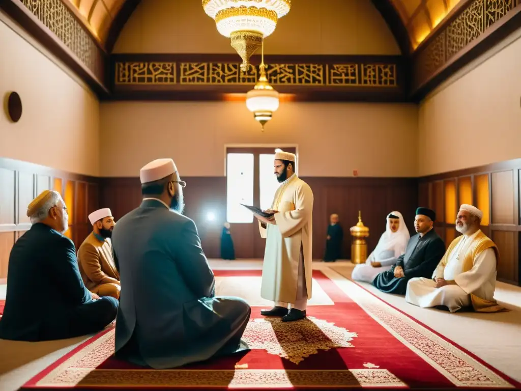 Emotiva ceremonia del Nombre en el Islam con familiares rodeando al bebé en la mezquita, iluminada por luz natural cálida y caligrafía islámica