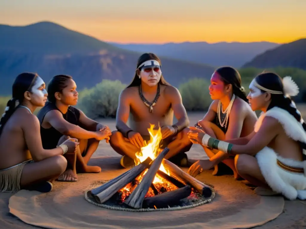 Una emotiva ceremonia de iniciación tribal al atardecer, con jóvenes miembros tribales en atuendos tradicionales, rodeando el fuego sagrado mientras un anciano realiza el ritual con humo de salvia, en un ambiente espiritual y solemne