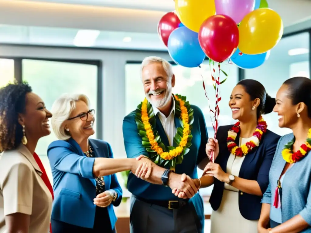 Emotiva despedida laboral significado con colegas sonrientes y decoración festiva en la oficina