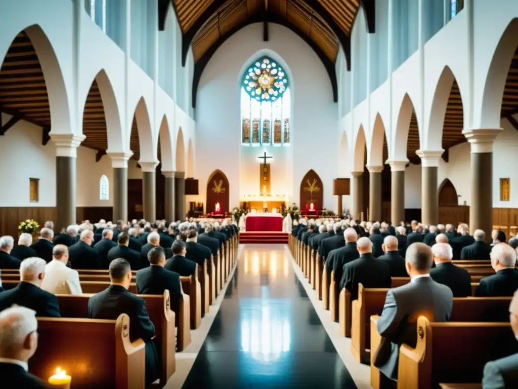 Una emotiva imagen documental en alta resolución de un rito de consagración en una iglesia, muestra la solemnidad y reverencia del ritual religioso