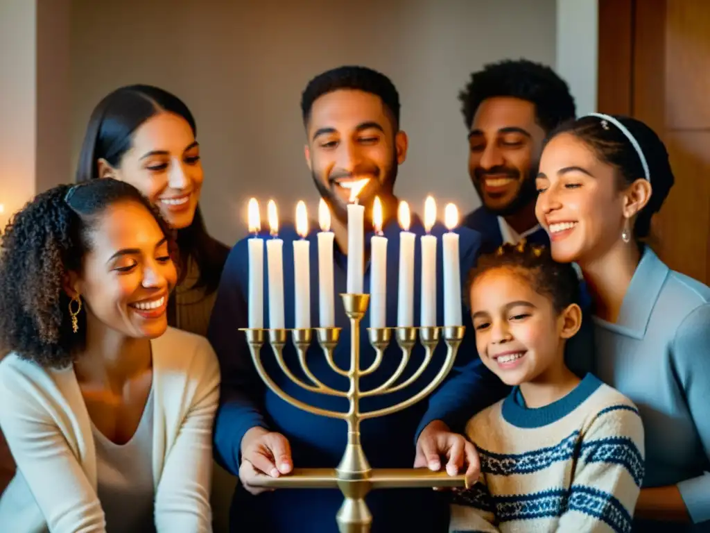 Una emotiva imagen documental en alta resolución de una familia reunida alrededor de una hermosa menora iluminada, cantando canciones tradicionales de Hanukkah y celebrando juntos las prácticas festivas de Hanukkah