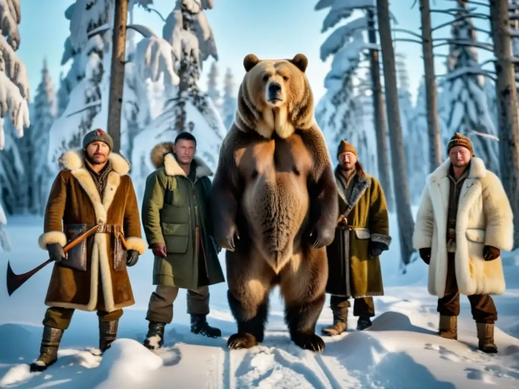 Emotiva imagen del ritual de caza del oso en Siberia: cazadores siberianos con el oso y armas tradicionales en la remota y nevada taiga