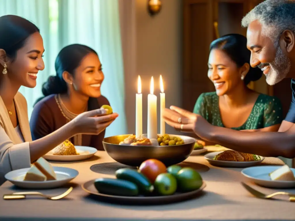 Una emotiva imagen de rituales y tradiciones familiares en casa, con una cálida mesa y expresiones genuinas de conexión y alegría