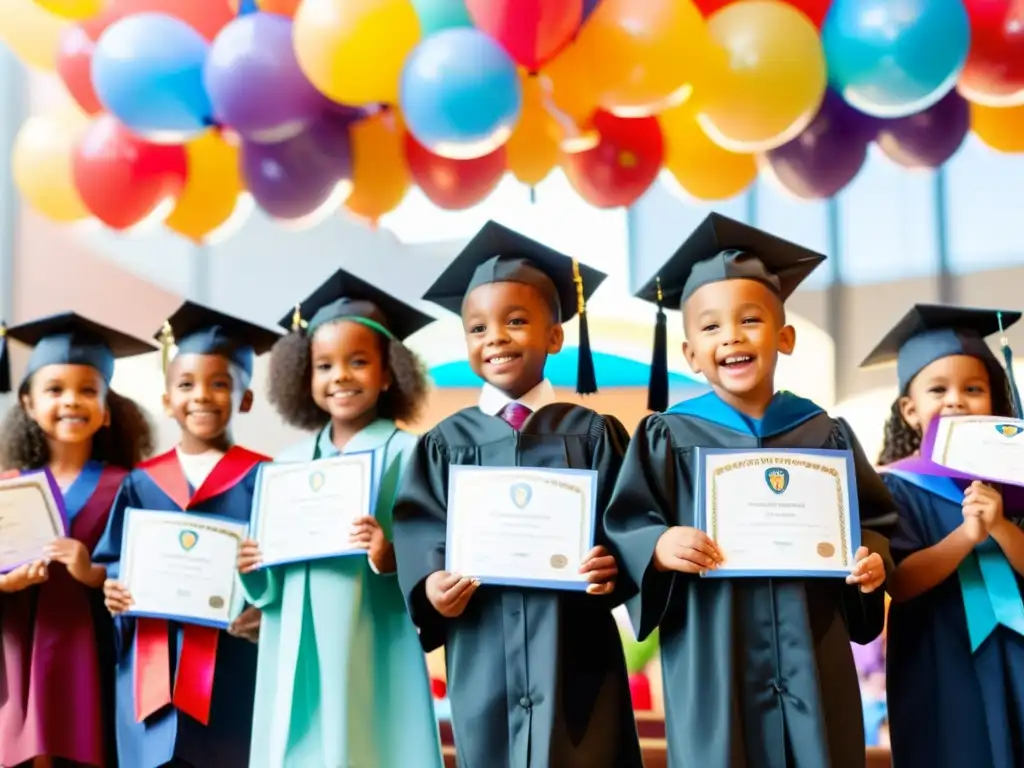 Emotiva graduación preescolar con niños sonrientes, familias orgullosas y colorida decoración