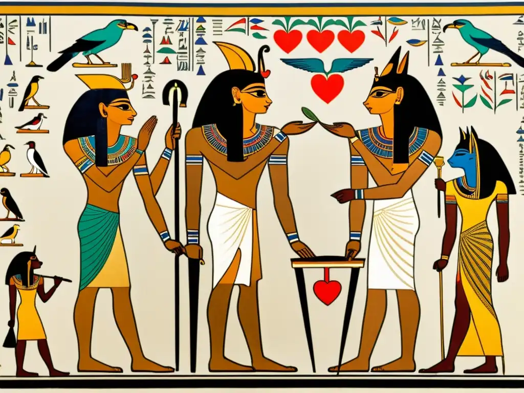 Emotiva representación del ritual egipcio de juicio del corazón con Anubis, Ma'at y Thoth