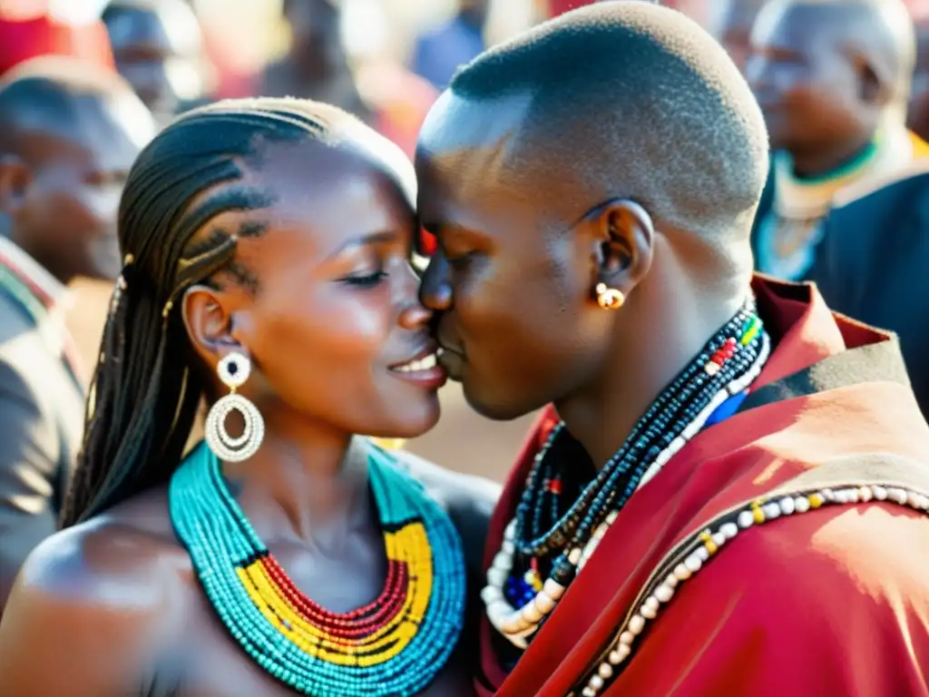 Emotivo beso nupcial Maasai rodeado de cultura, color y comunidad