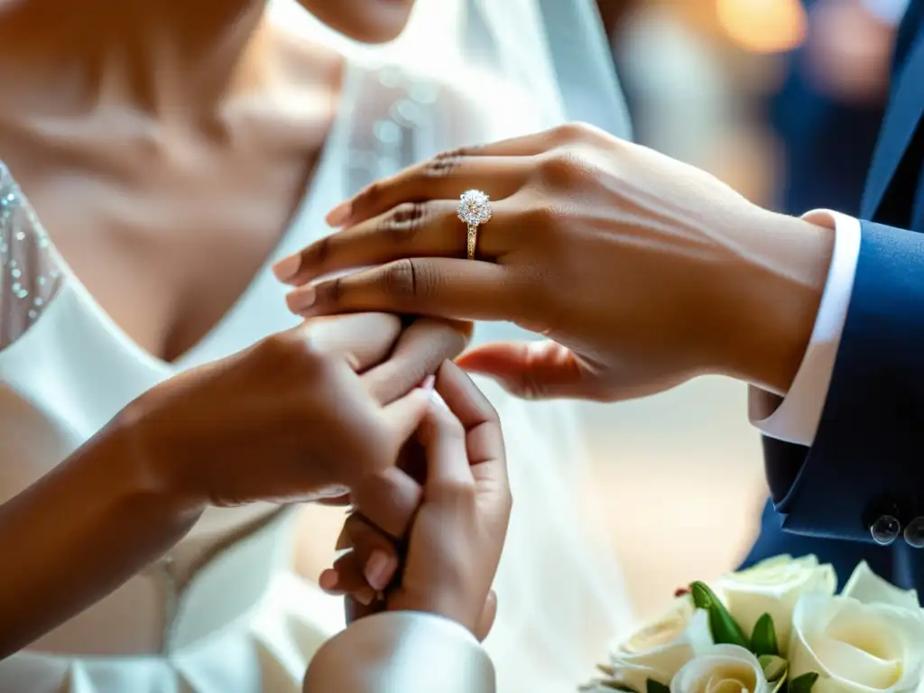 Emotivo momento de colocación de anillo de bodas, resaltando el significado de la joyería en rituales matrimoniales