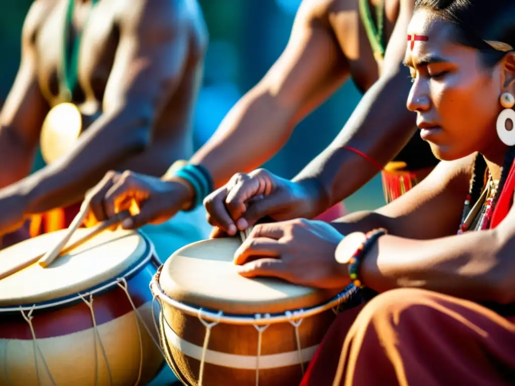 Un emotivo momento de música ritual indígena con músicos y sus instrumentos tradicionales en un entorno natural