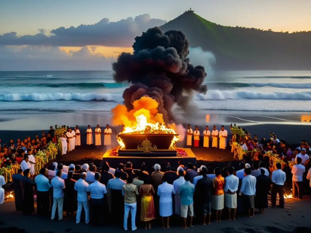 Emotivo rito funerario en playa de Bali al atardecer, simbolismo y tránsito del alma, con sarcófago y ofrendas