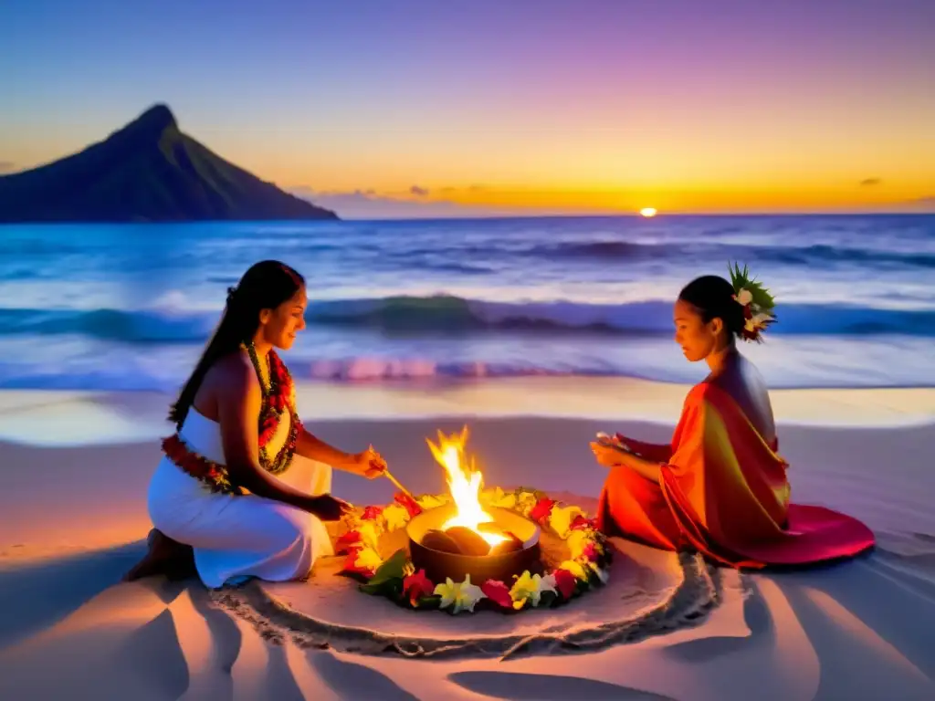 Un emotivo ritual de nacimiento hawaiano en una playa al atardecer