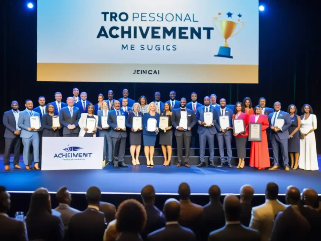 Empleados diversos celebrando en una ceremonia de reconocimiento laboral con trofeos y certificados, rodeados de un ambiente de logro y aprecio