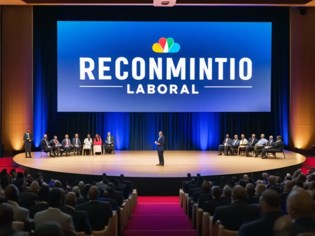 Empleados celebran en ceremonia de reconocimiento laboral, con sonrisas y aplausos en auditorio iluminado