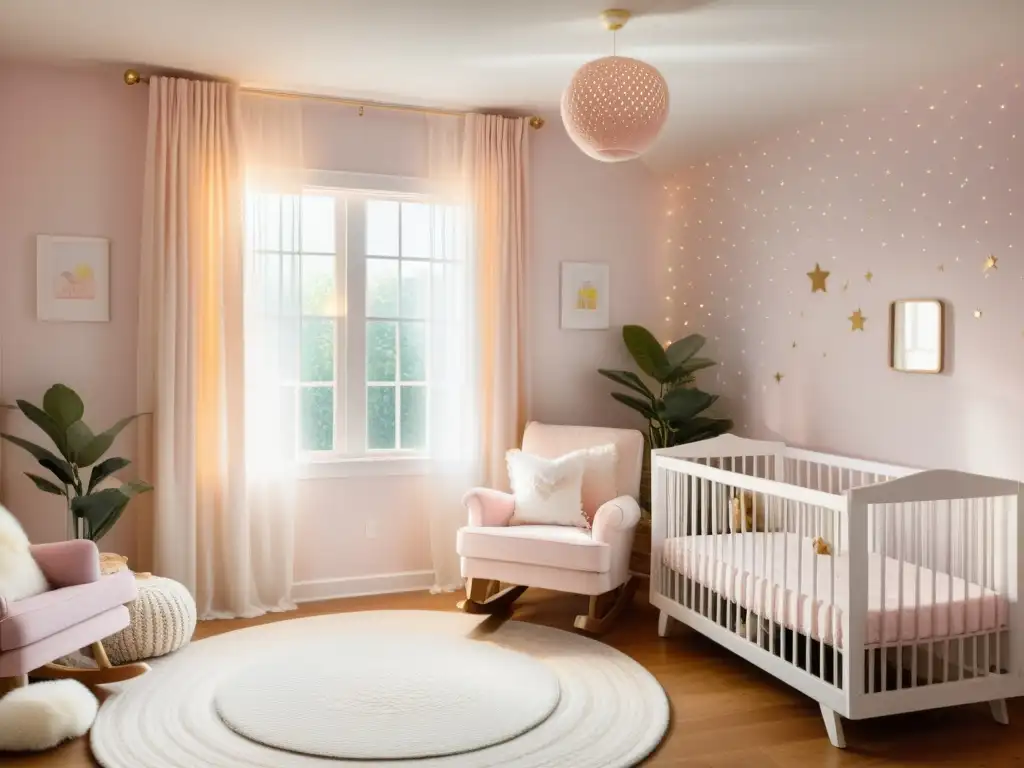 Encantador cuarto de bebé iluminado con detalles en rosa y blanco