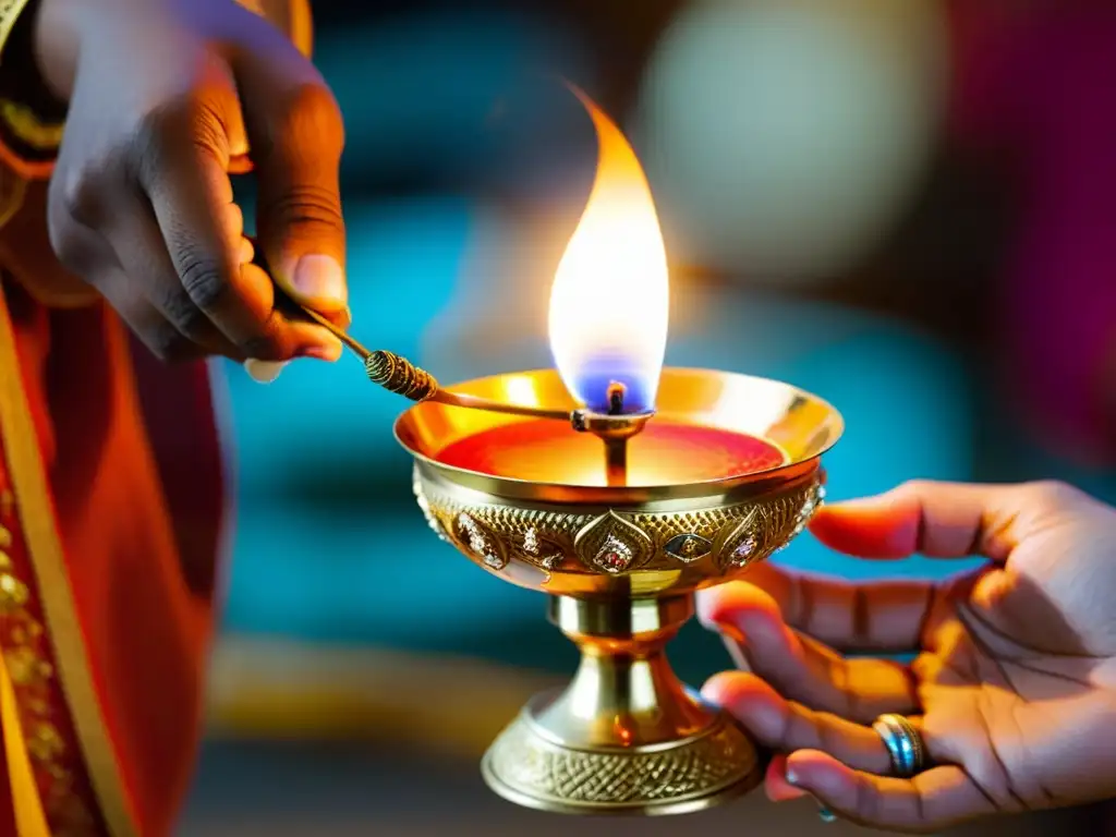 Encendido de lámpara Aarti durante ritual hindú