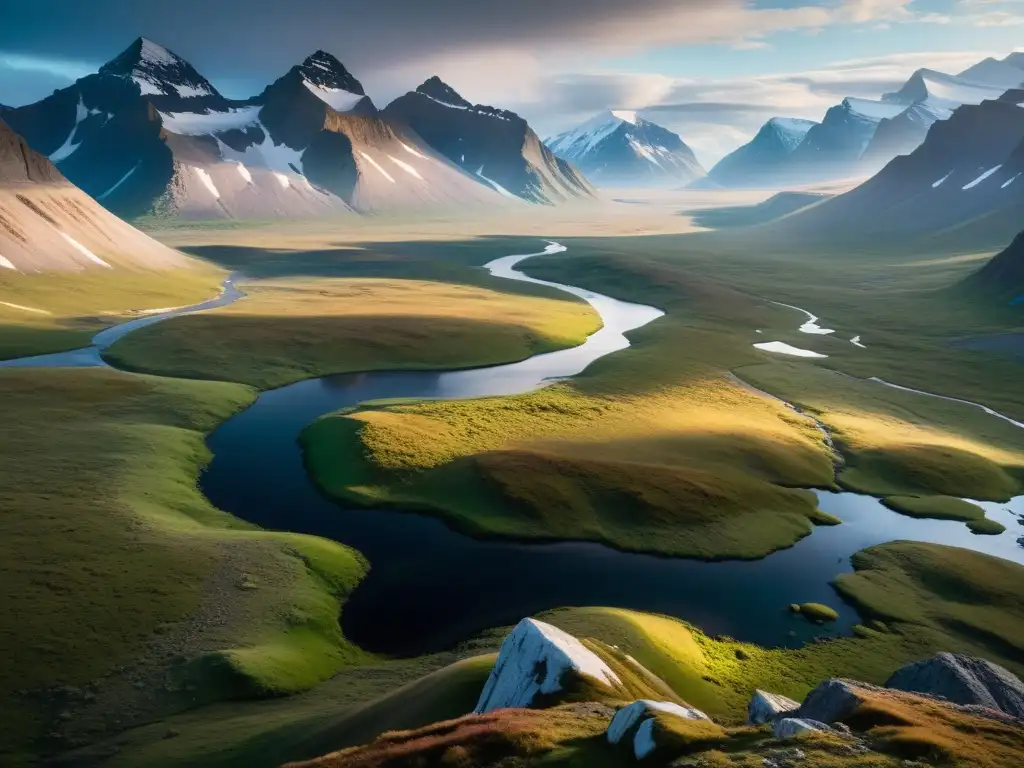 Encuentro místico con espíritus de la naturaleza en la vasta tundra, con montañas nevadas y un río serpenteante