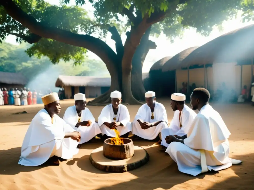 Encuentros con líderes espirituales: Babalawos realizan un ritual bajo un árbol en Nigeria, rodeados de ofrendas y una atmósfera reverente