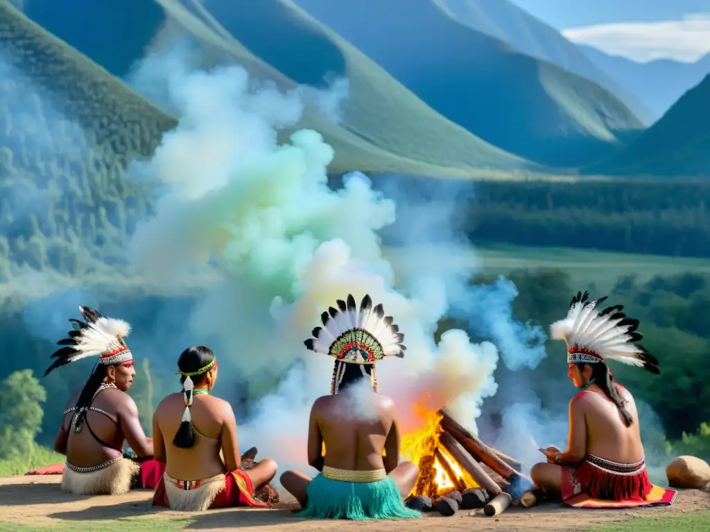 Encuentros con líderes espirituales en ceremonia alrededor del fuego, en un paisaje montañoso y cielo azul