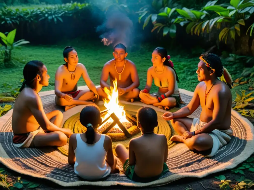 Encuentros con líderes espirituales: Curanderos mayas realizan ritual sanador entre ruinas ancestrales en la selva, iluminados por el fuego