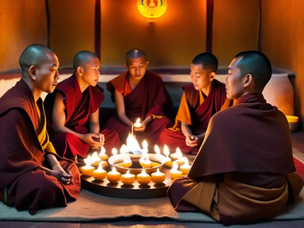 Encuentros con líderes espirituales: Monjes tibetanos en profunda discusión en monasterio iluminado por velas y tapices