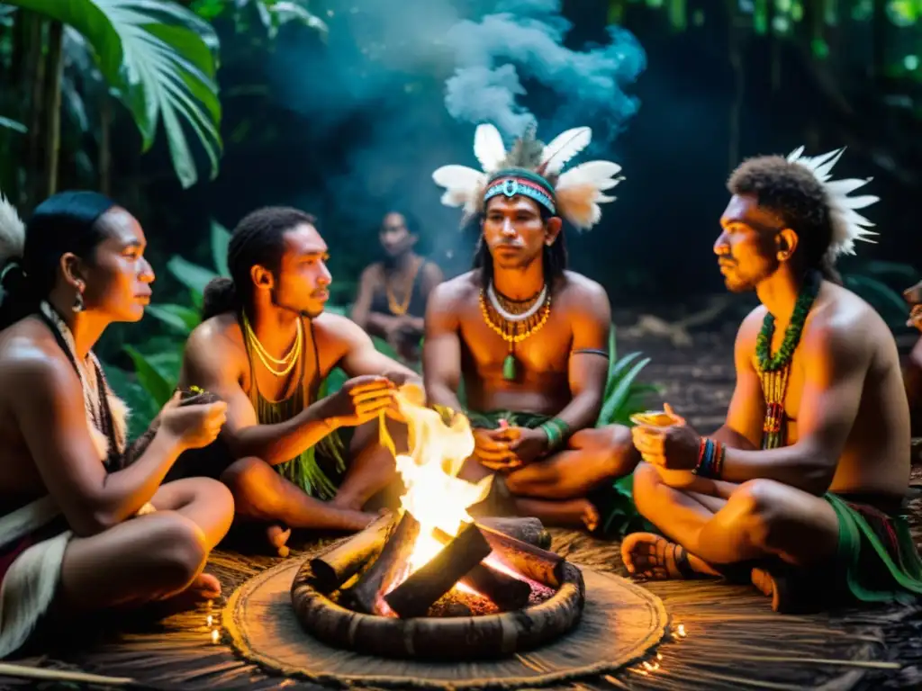 Encuentros con líderes espirituales en la selva amazónica: chamanes en ritual, rodeados de luz de velas y humo sagrado, con instrumentos ancestrales