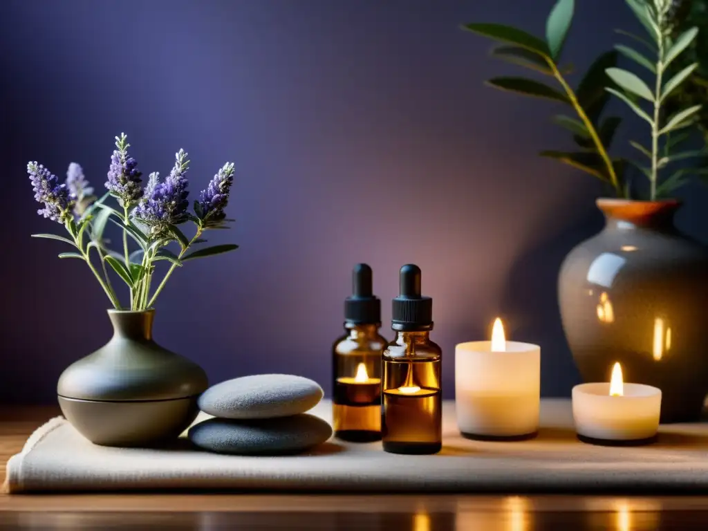 Un entorno de spa tranquilo con difusor de aromaterapia y aceites esenciales en rituales de relajación