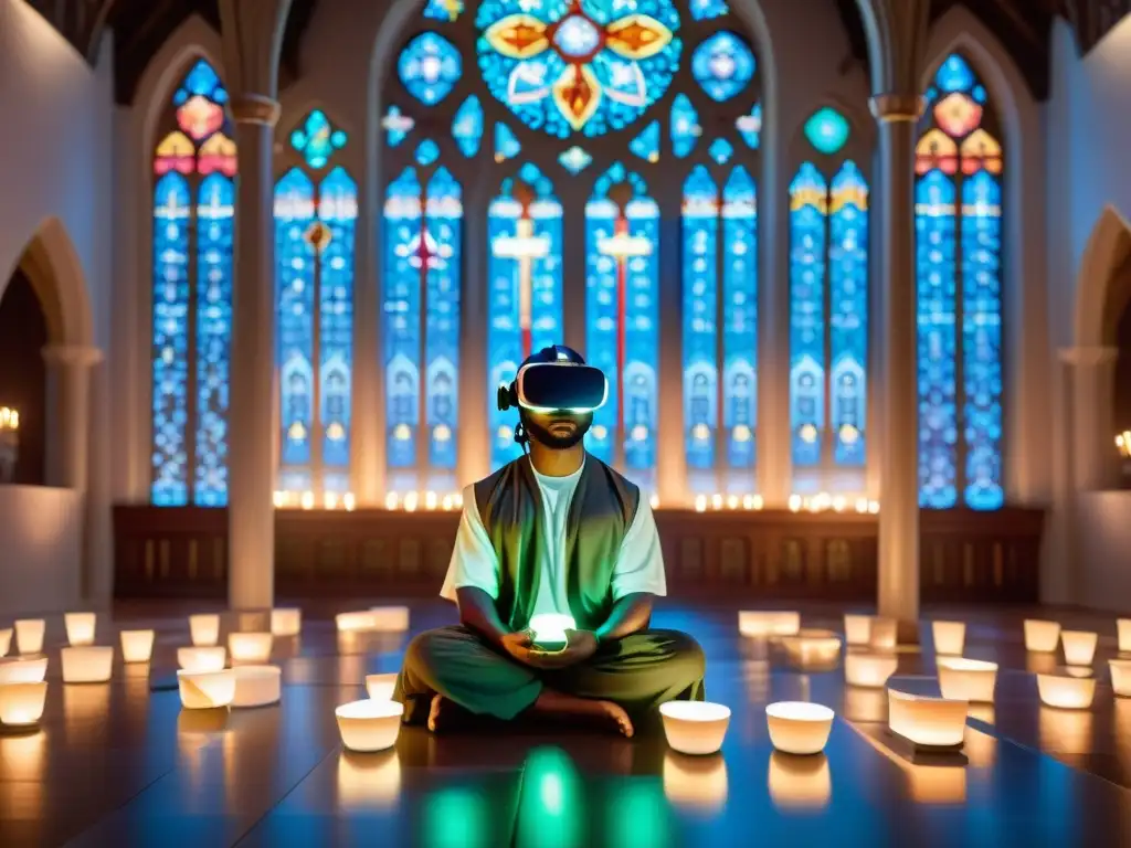 Un entorno virtual sagrado con rituales: avatares en oración rodeados de velas virtuales y símbolos religiosos en una catedral holográfica