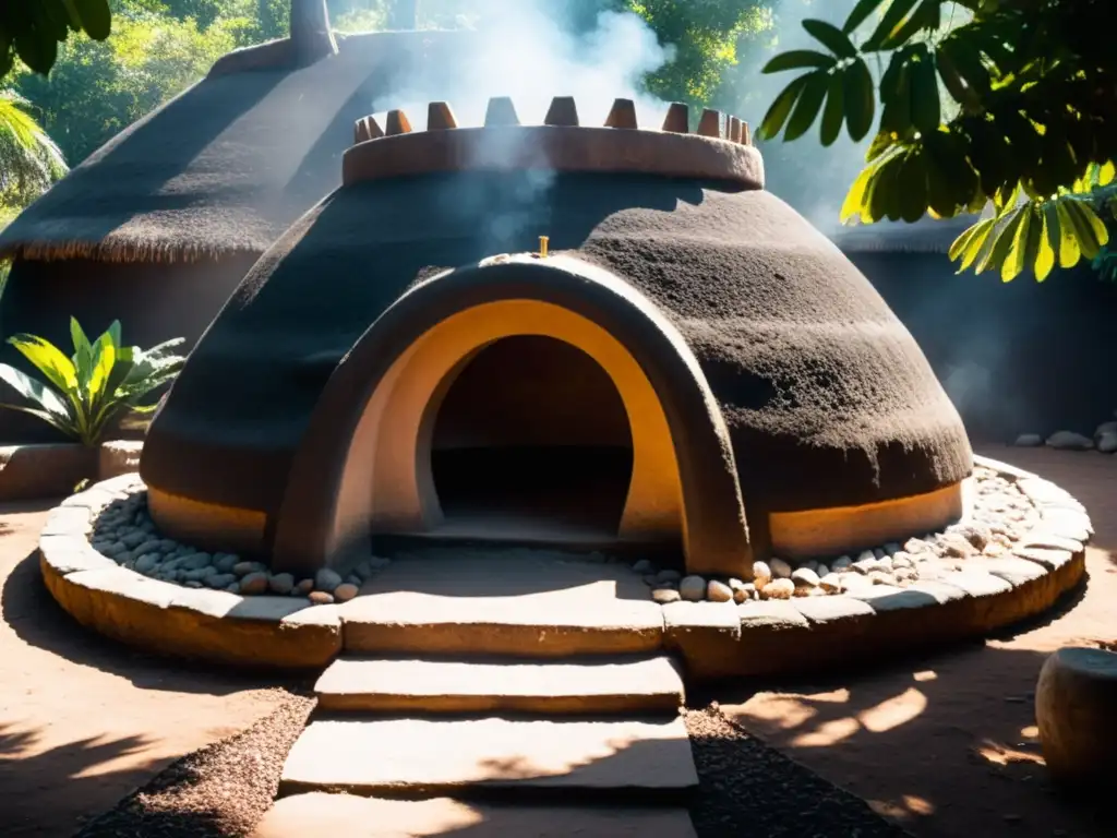 Entrada a Temazcal con sombras de árboles, humo y atmósfera espiritual de purificación y renacimiento