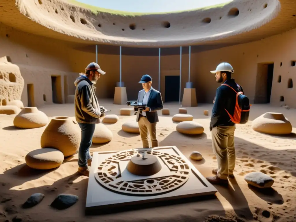 Un equipo de arqueólogos utiliza tecnología avanzada para la digitalización de rituales antiguos, capturando cada detalle en luz suave y natural