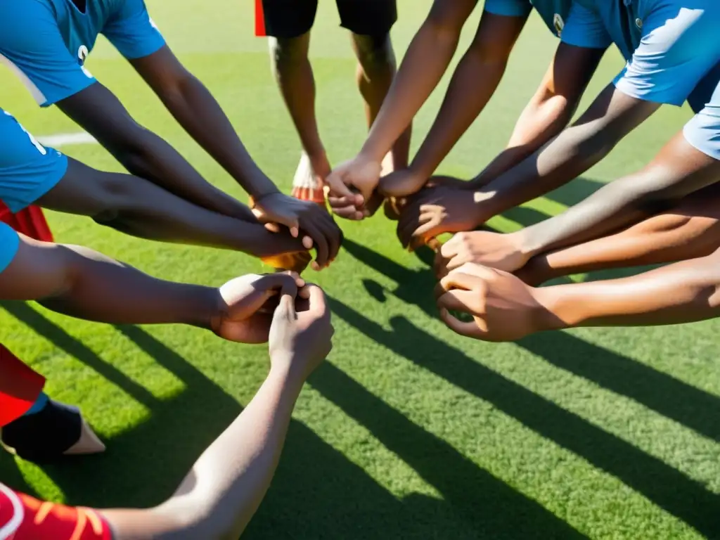 Equipo de fútbol en círculo, unidos en solidaridad antes del partido, con supersticiones en rituales deportivos