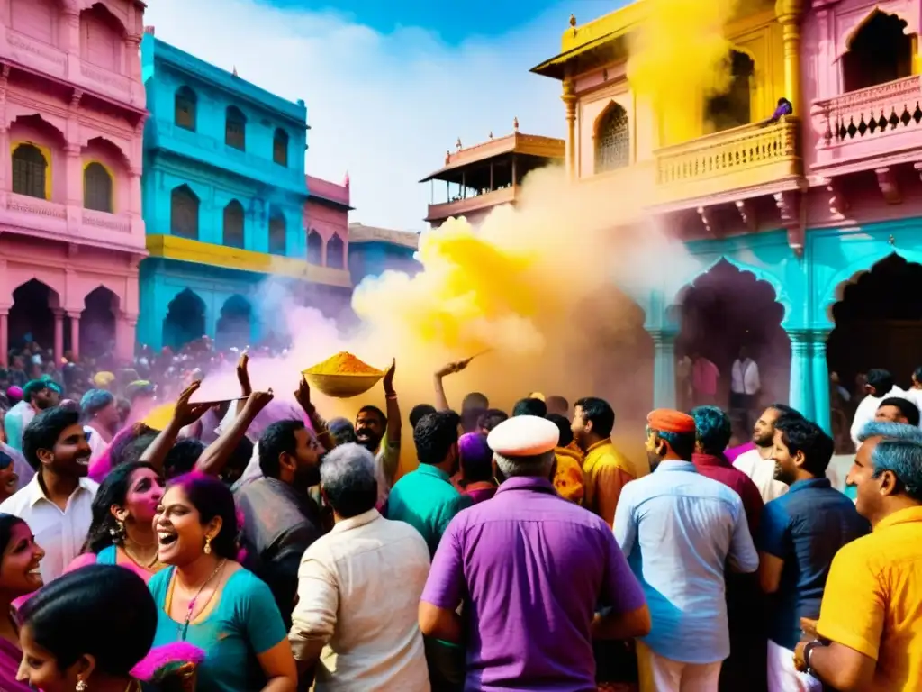 Escena bulliciosa del Festival Holi: gente de todas las edades arrojando polvos de colores, edificios decorados y alegría pura en el aire