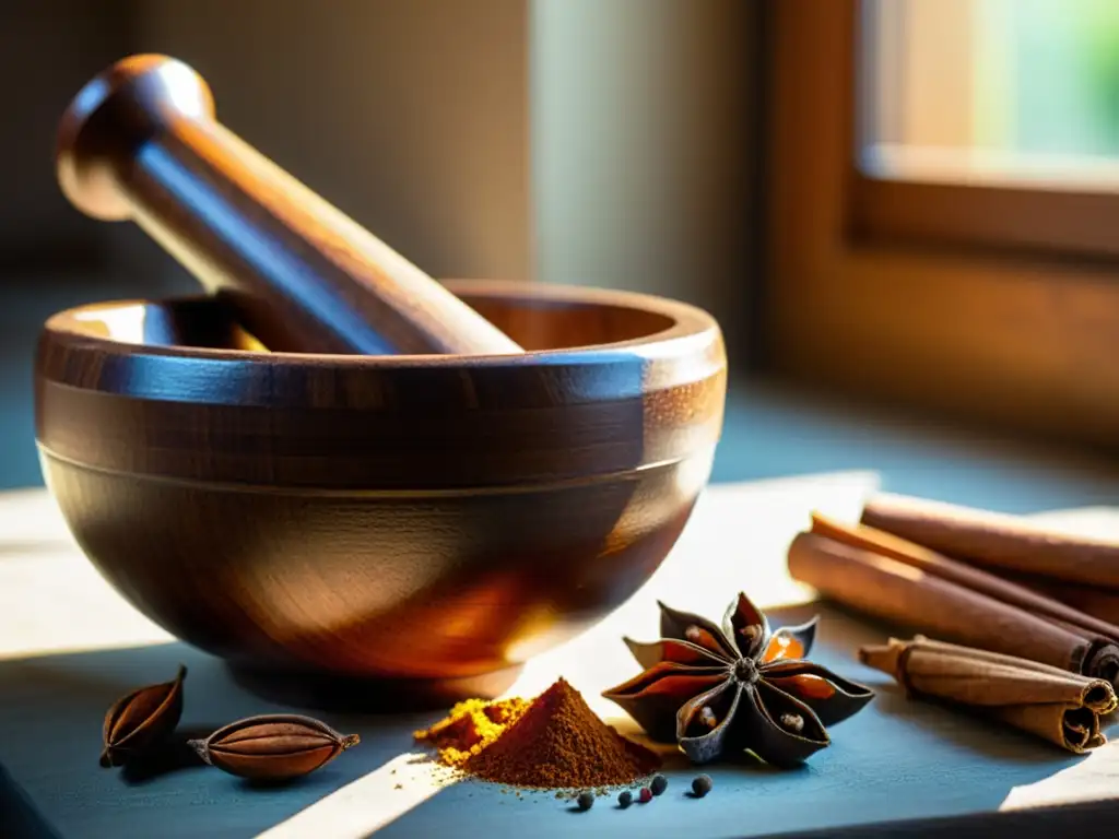 Una escena cálida de hierbas y especias en rituales culinarios, con mortero, pestle y mesa texturizada