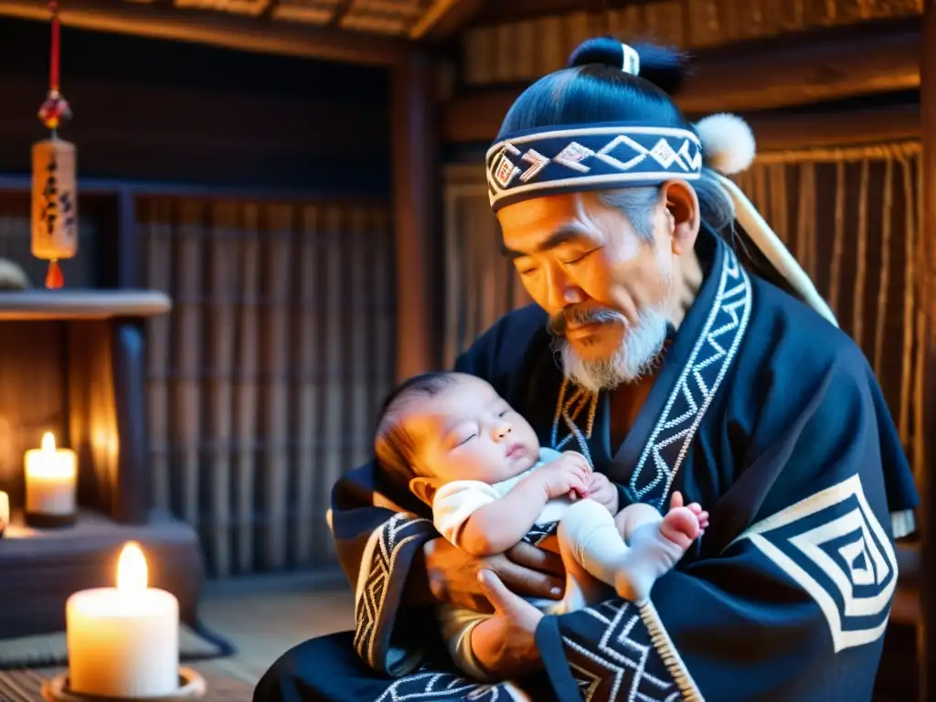 Una escena conmovedora de un anciano Ainu realizando un ritual de bendición para un recién nacido en una cálida y acogedora cabaña Ainu