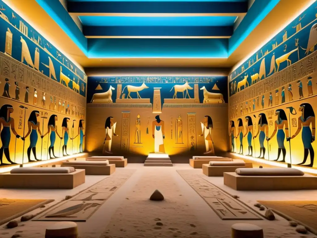 Escena detallada en 8k del Hall de Ma'at en Egipto, con pilares, murales y la balanza icónica