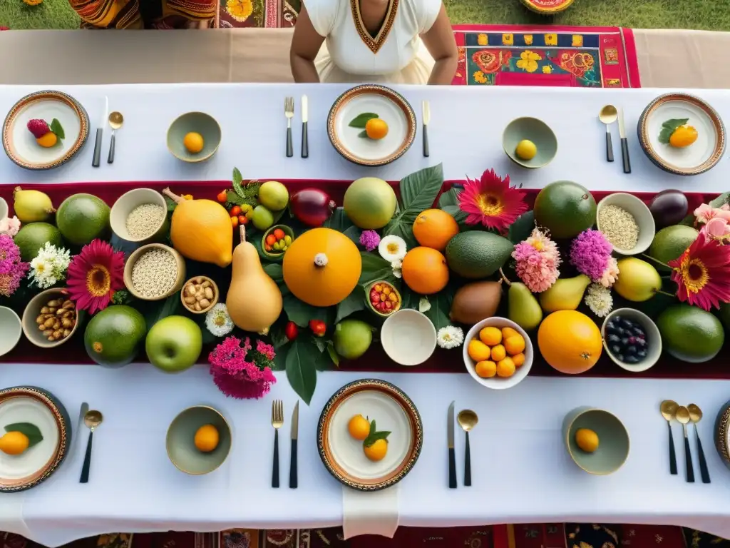 Una escena documental de un ritual de fertilidad con personas alrededor de una mesa decorada con platos tradicionales y objetos simbólicos