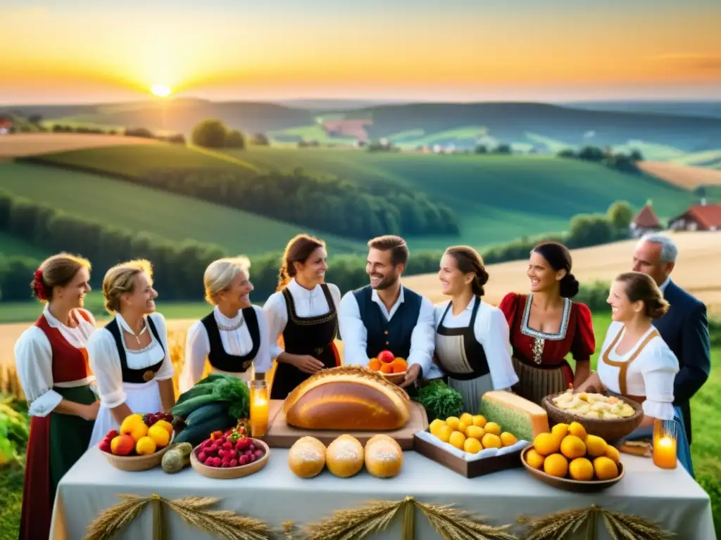 Escena idílica del tradicional Erntedankfest en Alemania, con gente vestida tradicionalmente alrededor de una mesa decorada con frutas, verduras y pan