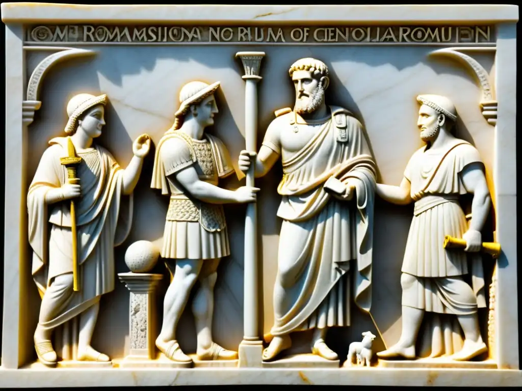 Escena de manumisión romana: liberación y gratitud Escena impactante de la ceremonia de liberación de esclavos en Roma, en relieve de mármol
