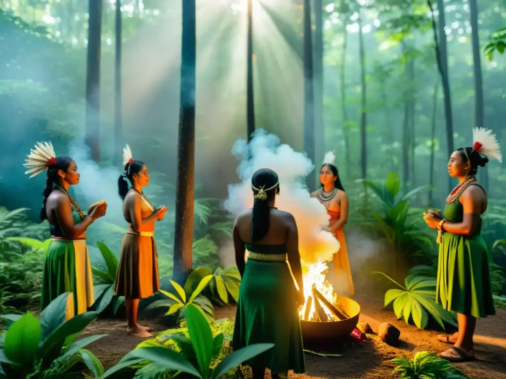 Una escena impresionante de historia ritual ancestral y cinematografía, con indígenas participando en un ritual sagrado en el bosque exuberante