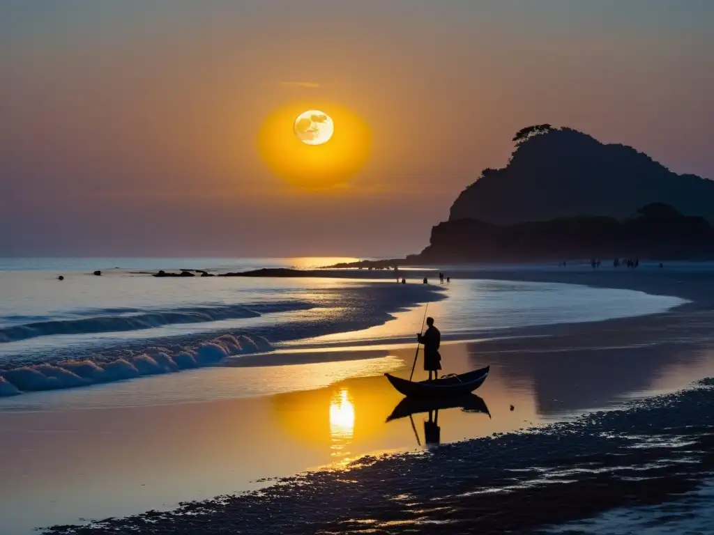 Una escena de luna en la playa: olas suaves, barca a lo lejos, personas en ritual costero bajo la luna