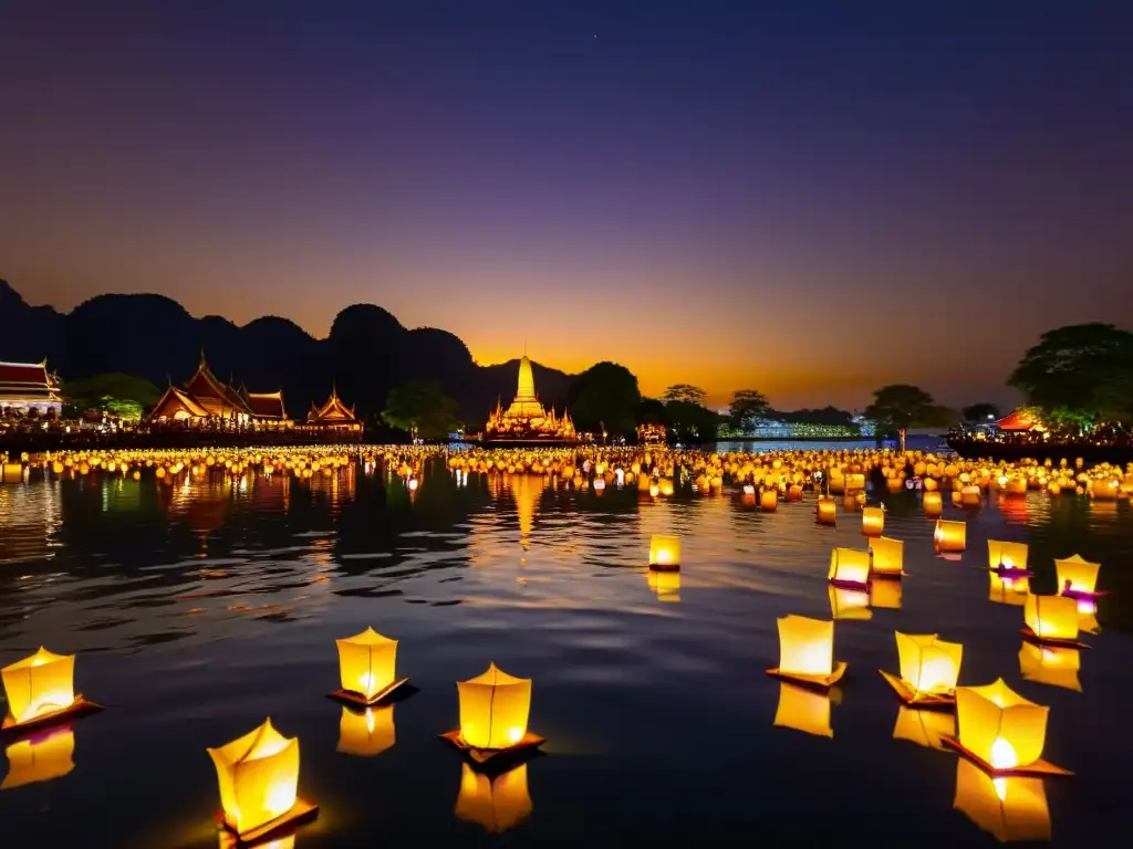 Una escena mágica del festival Loi Krathong, con brillantes linternas flotantes iluminando el río por la noche