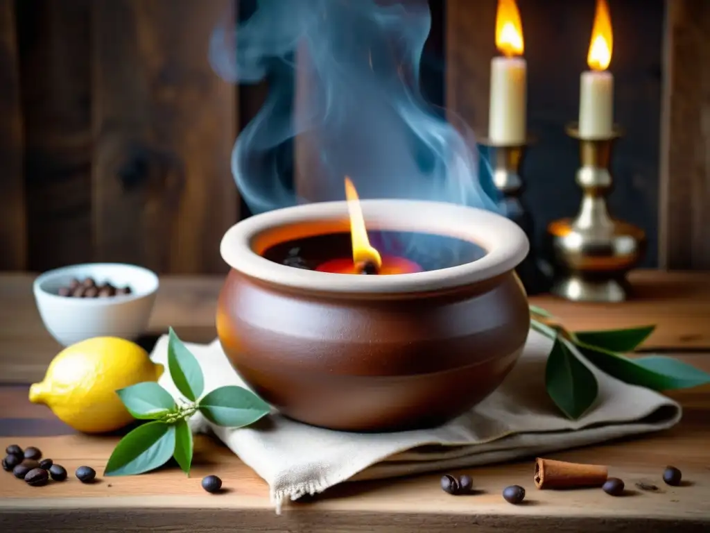 Una escena mística de la tradicional queimada gallega en una olla de barro rodeada de velas, hierbas y amuletos