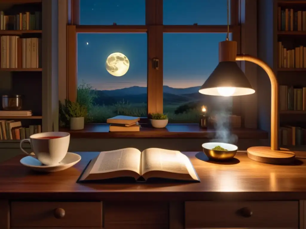 Escena nocturna reconfortante: taza de té humeante en la mesa, libros abiertos, luz cálida y la luna