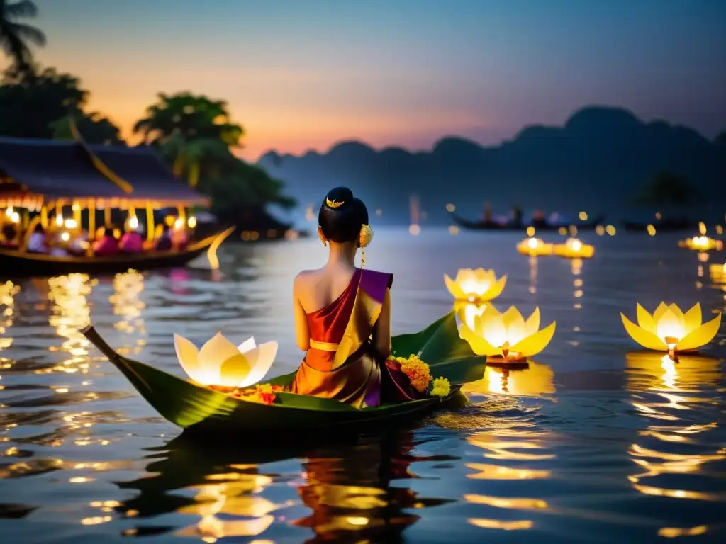 Escena nocturna serena en festival Loi Krathong en Tailandia