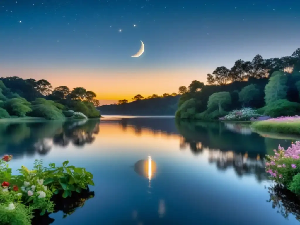 Escena nocturna serena con luna nueva brillante sobre el agua, rodeada de naturaleza exuberante y un ritual de Luna Nueva para renovación