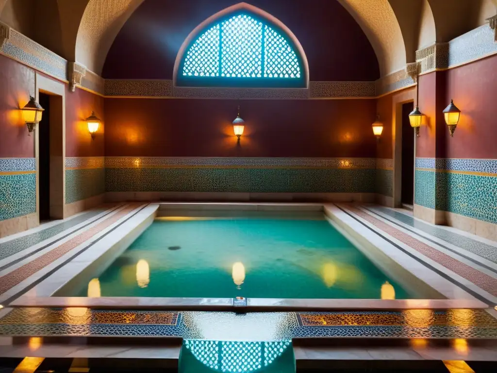 Escena de un ritual de Hamam baño turco con sombras y luz suave en un baño tradicional, con detalles ornamentales en mármol