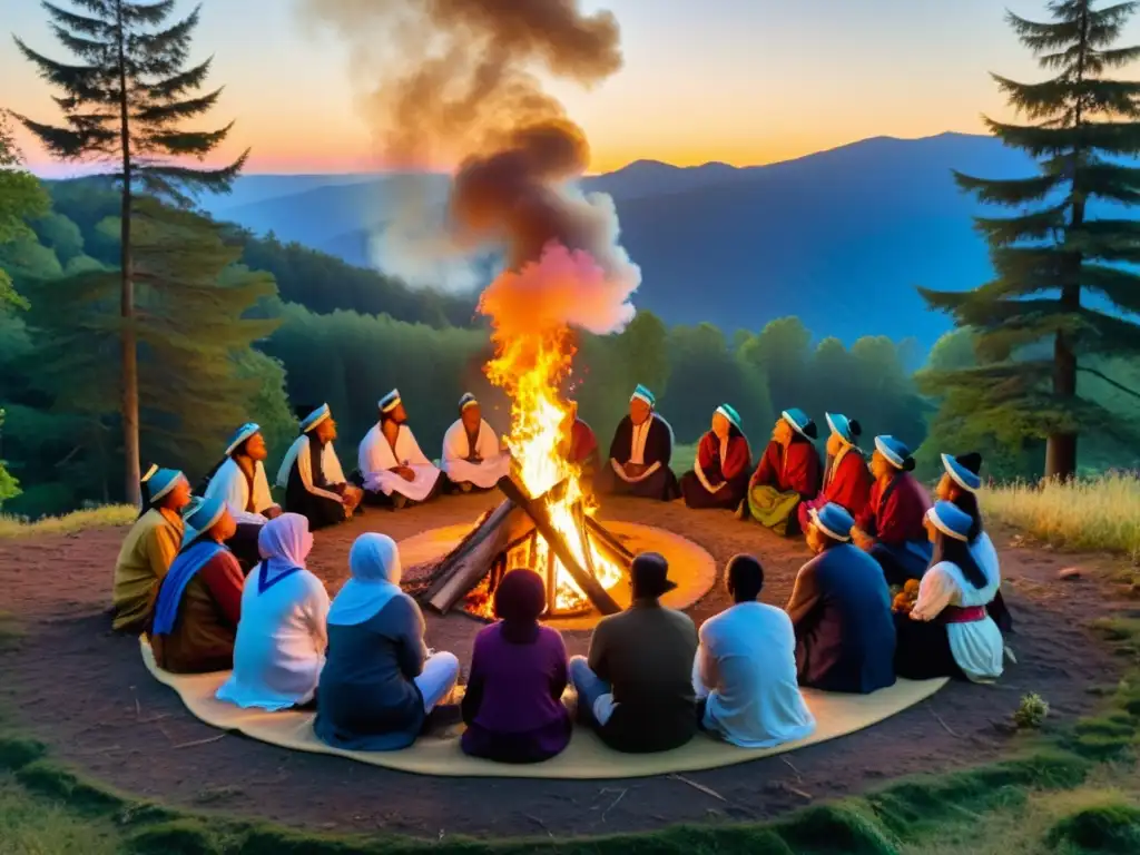 Escena de Rituales para el Equinoccio: gente alrededor de fogata en el bosque al atardecer, con decoraciones naturales y vestimenta tradicional