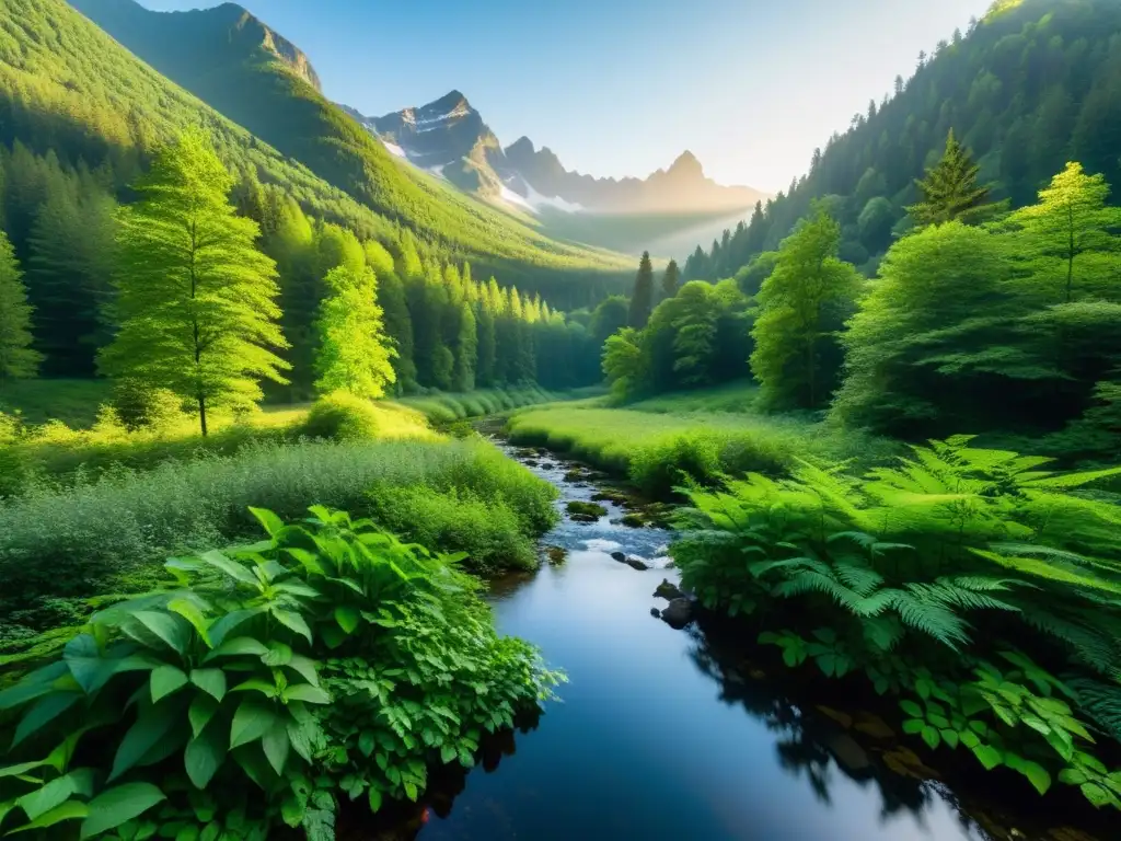 Escena serena en el bosque, con luz solar entre el dosel, arroyo cristalino y montañas lejanas