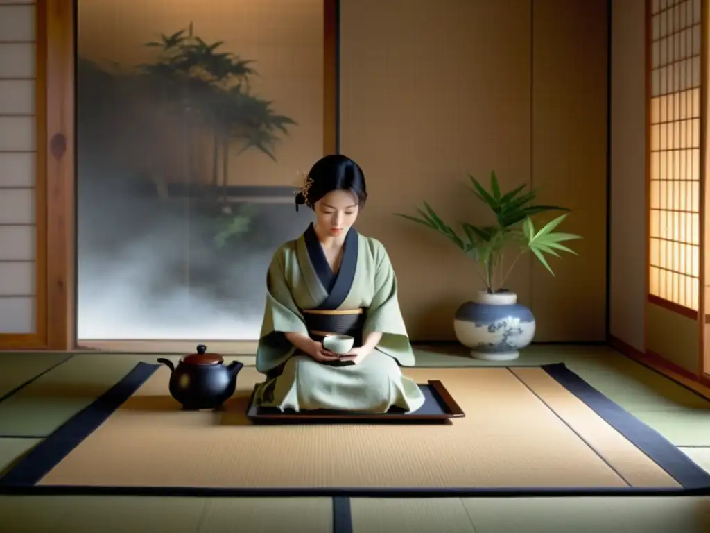 Escena serena de Ceremonia del Té, paz y armonía con tatamis, tetera de hierro y kimono en reverencia